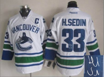 Autographed Vancouver Canucks -33 Henrik Sedin Stitched White NHL Jersey