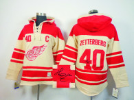 Autographed Detroit Red Wings -40 Henrik Zetterberg Cream Sawyer Hooded Sweatshirt Stitched NHL Jers