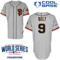 San Francisco Giants #9 Brandon Belt Grey Road 2 Cool Base W 2014 World Series Patch Stitched MLB Je