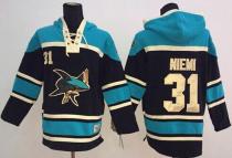 San Jose Sharks -31 Antti Niemi Black Sawyer Hooded Sweatshirt Stitched NHL Jersey