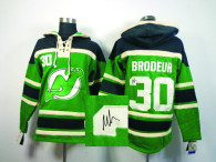 Autographed New Jersey Devils -30 Martin Brodeur Green Sawyer Hooded Sweatshirt Stitched NHL Jersey