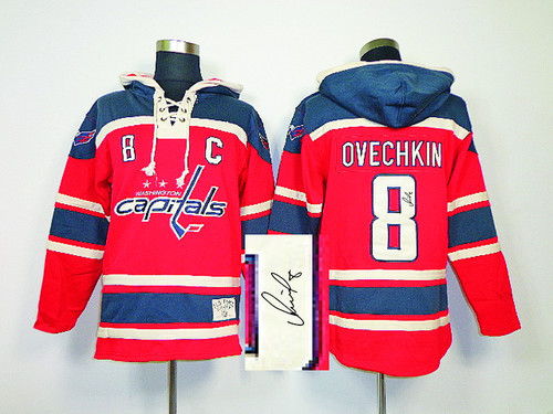 Autographed Washington Capitals -8 Alex Ovechkin Red Sawyer Hooded Sweatshirt Stitched NHL Jersey
