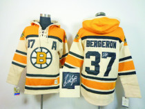 Autographed Boston Bruins -37 Patrice Bergeron Cream Sawyer Hooded Sweatshirt Stitched NHL Jersey