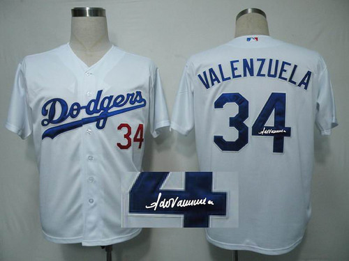 MLB Los Angeles Dodgers -34 Fernando Valenzuela Stitched White Cool Base Autographed Jersey