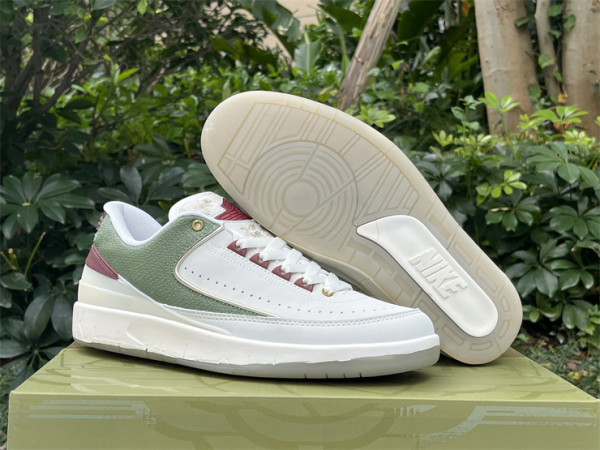 Authentic Air Jordan 2 Low WMNS Sail/Oil Green/Dark Team Red/Metallic Gold Grain