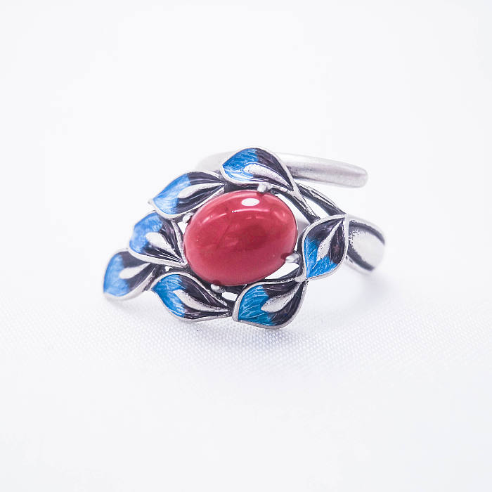 Burning Blue Cloisonné Ring - Leaves -Red Agate