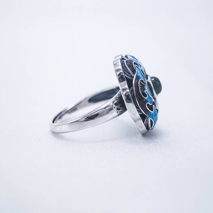 Burning Blue Cloisonné Ring - Blossoming-Green Jade