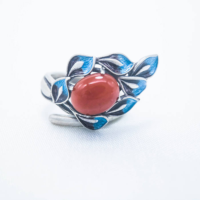 Burning Blue Cloisonné Ring - Leaves -Red Agate