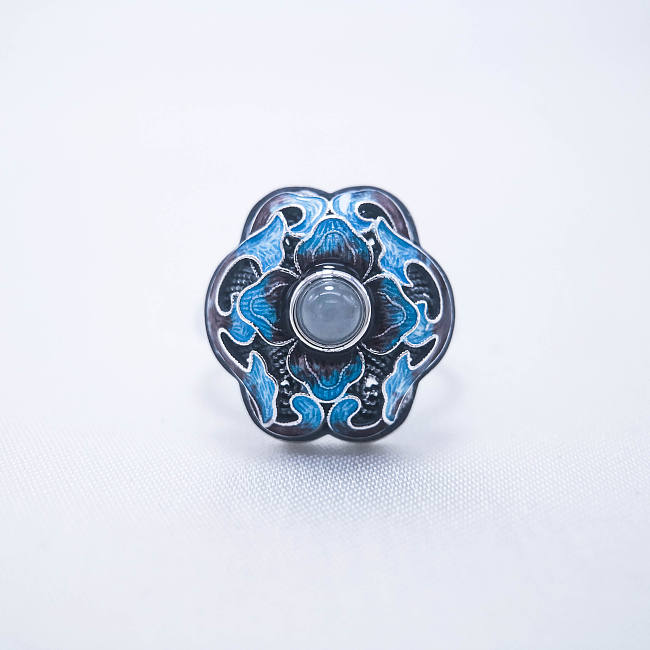 Burning Blue Cloisonné Ring - Blossoming- White Jade