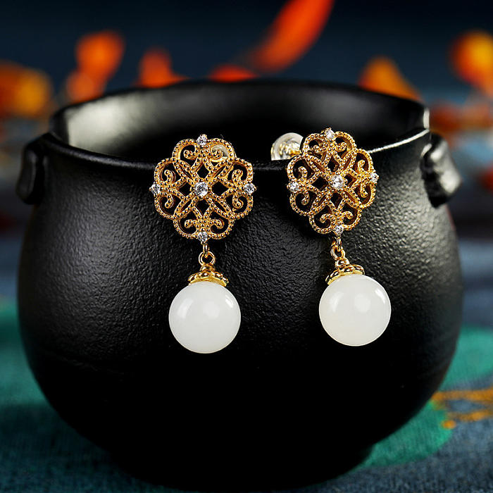 Chinese Knot - Jade Gilt Silver Earrings