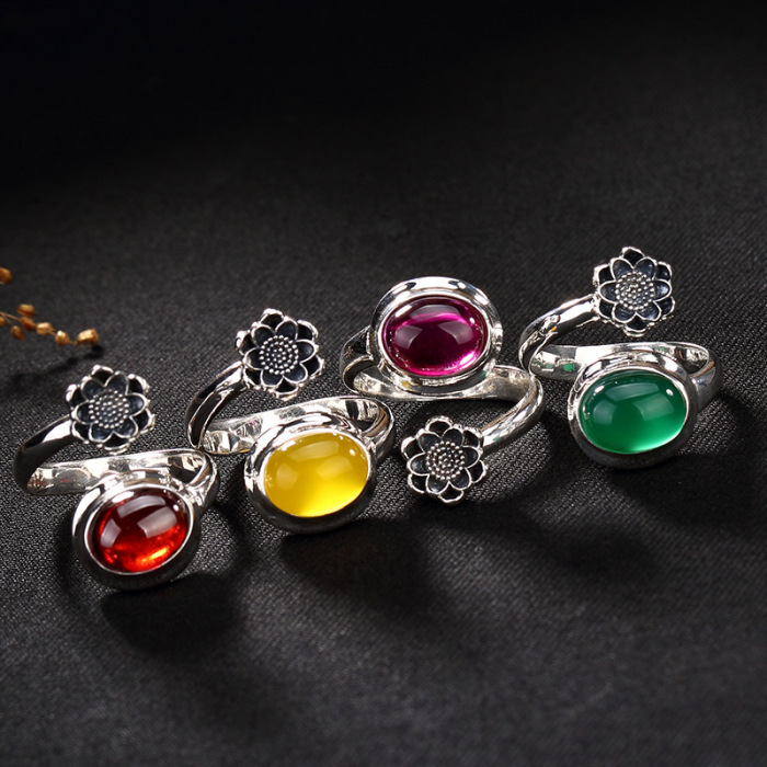 Plum Flower - Energy Stone- Chalcedony Silver Ring
