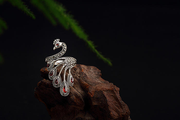 Peacock - Mosaic Silver Chalcedony Ring