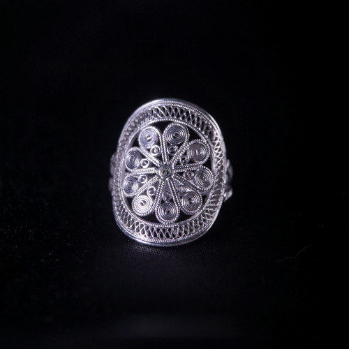 Butterfly on Sun Drum - Miao Silver Filigree Ring