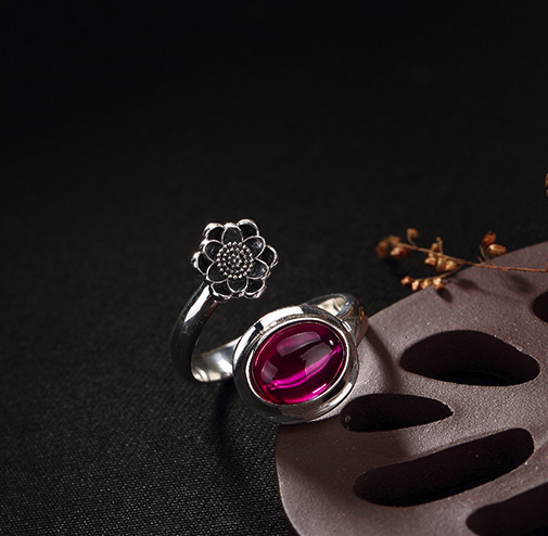 Plum Flower - Energy Stone- Chalcedony Silver Ring