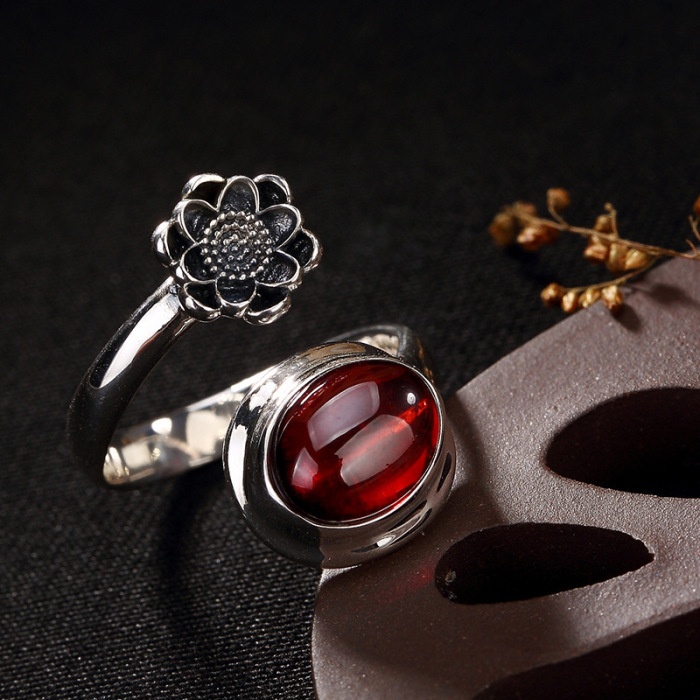 Plum Flower - Energy Stone- Chalcedony Silver Ring