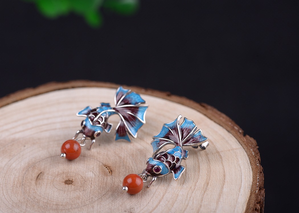 Chinese Handmade Earrings -Burning Blue - Cloisonne Pearl Goldfish ...