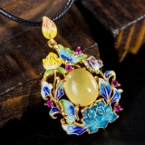 Flowers and Butterflies - Amber Enameling Cloisonne Silver Necklace