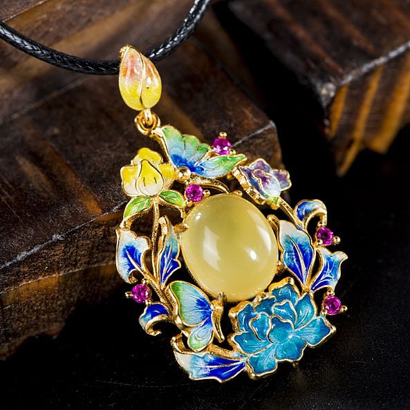 Flowers and Butterflies - Amber Enameling Cloisonne Silver Necklace