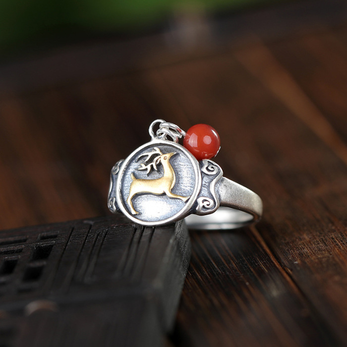 Deer - Jade & Agate Silver Ring