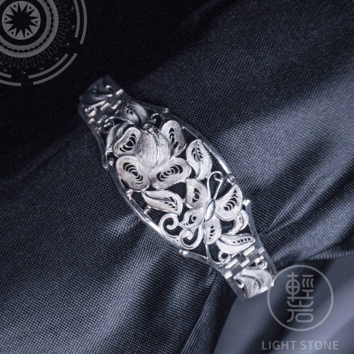 Butterfly and Flower - Miao Silver Filigree Bracelet
