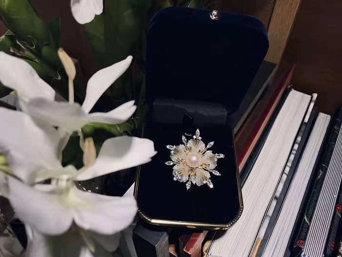 Flower - Enameling Pearl Silver Brooch