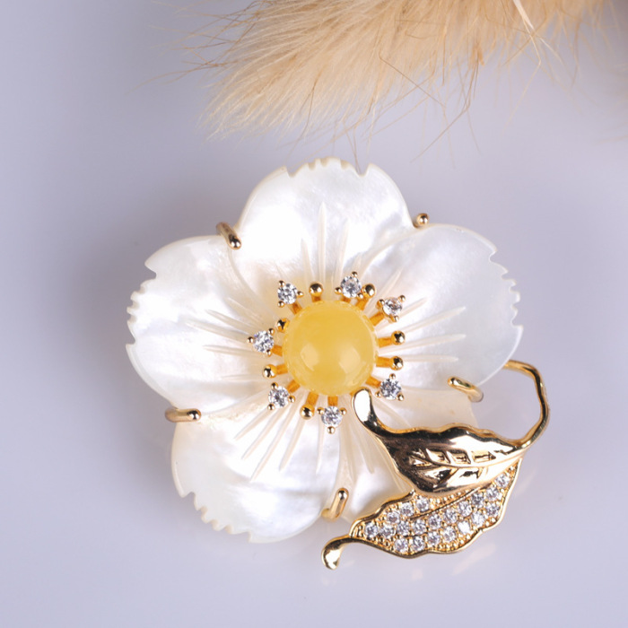 Flower - Mother of Pearl&Amber Copper Brooch