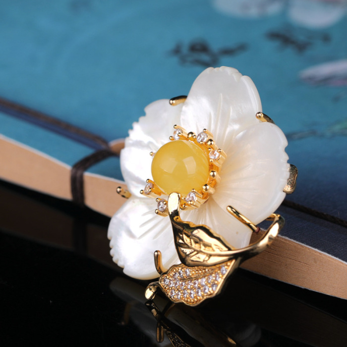 Flower - Mother of Pearl&Amber Copper Brooch