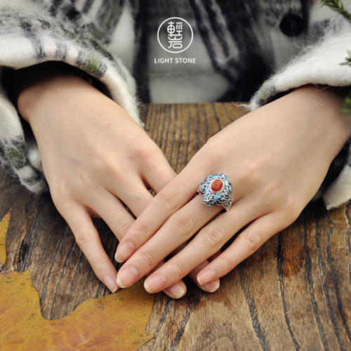 Lotus Flower - Burning Blue Cloisonné Silver Ring