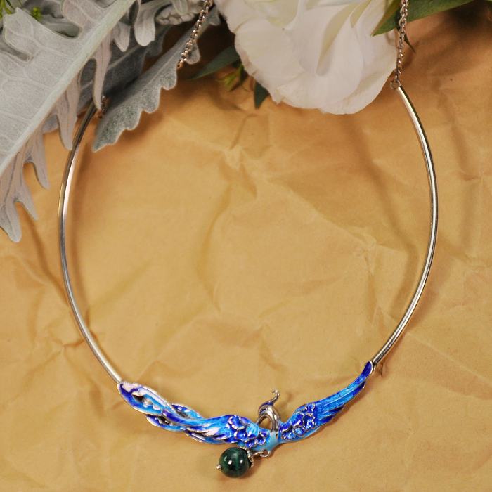 Blue Phoenix - Silver Cloisonne Enamel Handmade Necklace