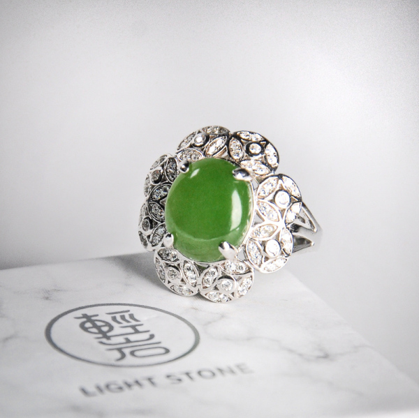 Flower -Green Hetian Jade Silver Ring