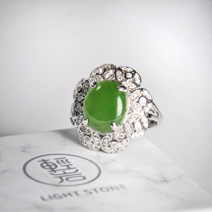 Green Flower - Chinese Hetian Jade Silver Ring - Online Shop | LIGHT STONE