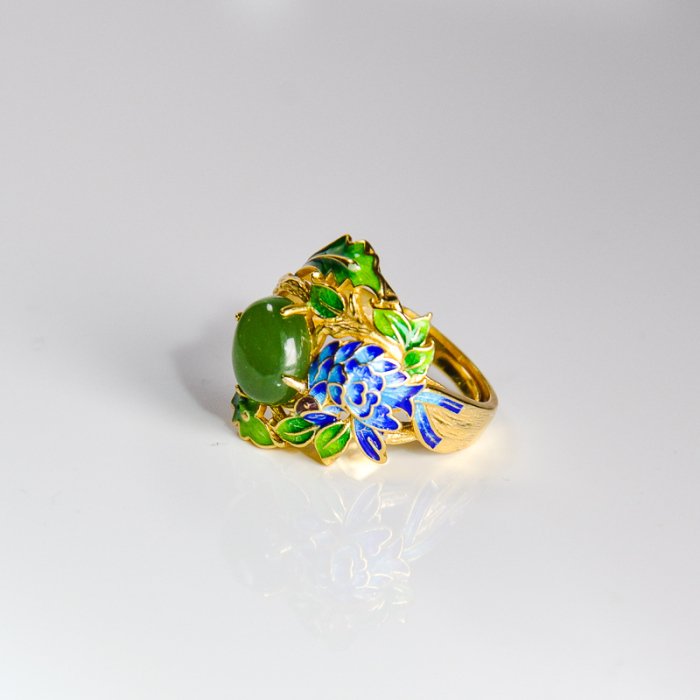 Leaves - Burning Blue Enamel Silver Ring