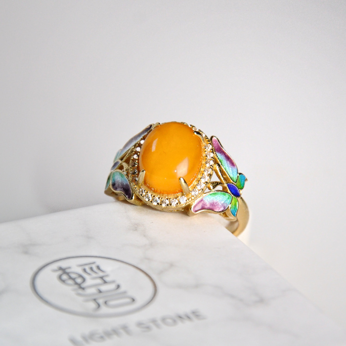 Butterfly - Cloisonne Enameling Amber Silver Ring - Online Shop | LIGHT STONE