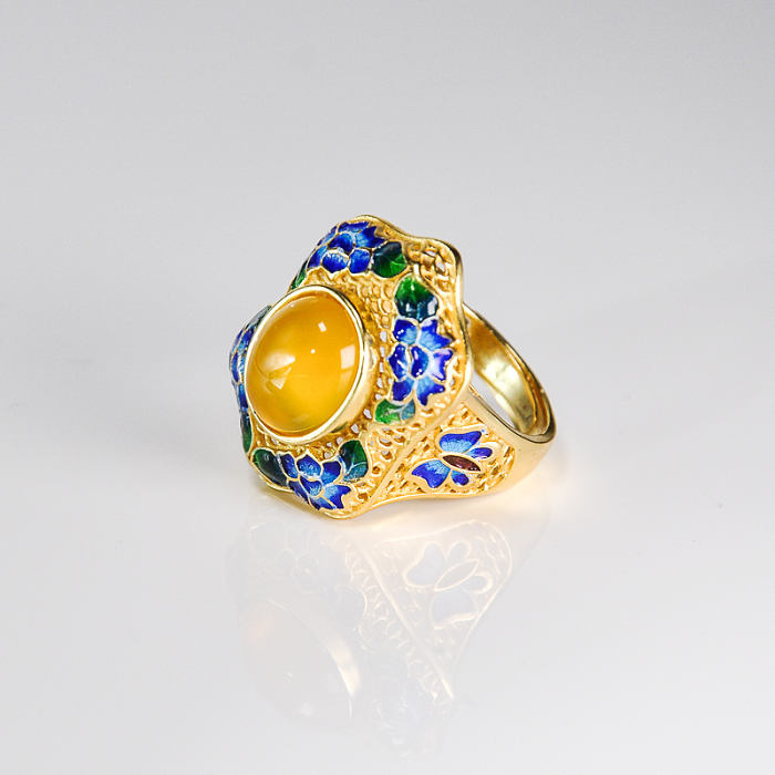 Forbidden City- Burning Blue Cloisonné - Lotus- Guilt Silver Chalcedony Ring