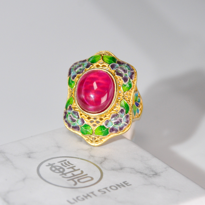 Forbidden City- Burning Blue Cloisonné - Lotus- Guilt Silver Chalcedony Ring