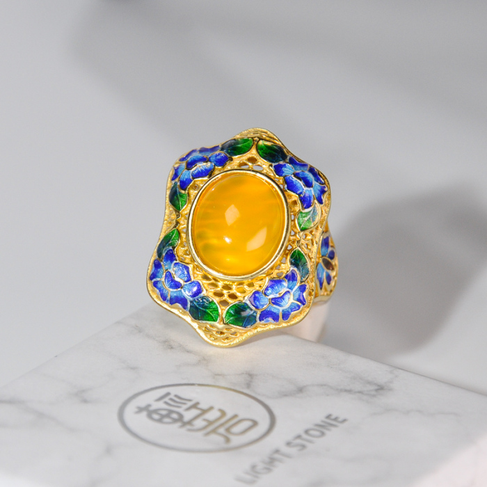 Forbidden City- Burning Blue Cloisonné - Lotus- Guilt Silver Chalcedony Ring