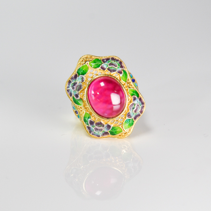 Forbidden City- Burning Blue Cloisonné - Lotus- Guilt Silver Chalcedony Ring