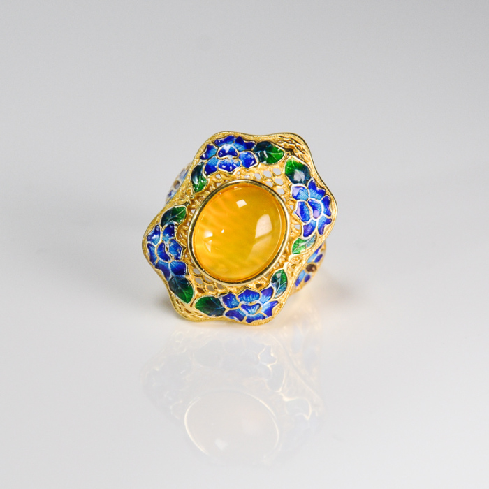 Forbidden City- Burning Blue Cloisonné - Lotus- Guilt Silver Chalcedony Ring