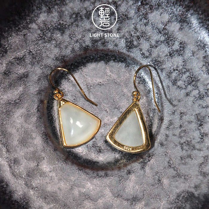 Chinese Artisan  Jewelry- Fan - Jade Silver Earrings | LIGHT STONE