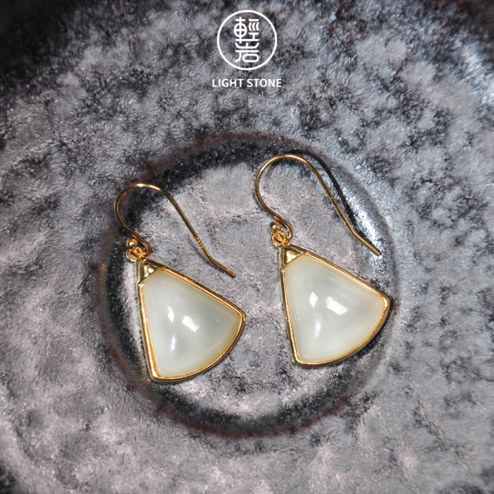 Chinese Artisan  Jewelry- Fan - Jade Silver Earrings | LIGHT STONE