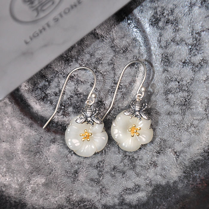 Online Earrings - Bee and Plum Flower Chinese Jade Silver Earrings | LIGHT STONE