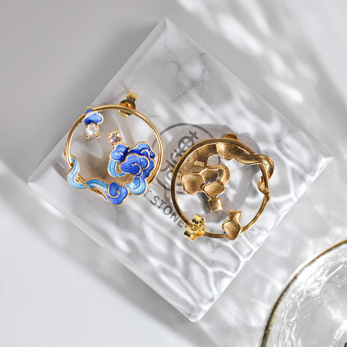 Lucky Clouds -Burning Blue Cloisonne Moon Stone Ear Stud