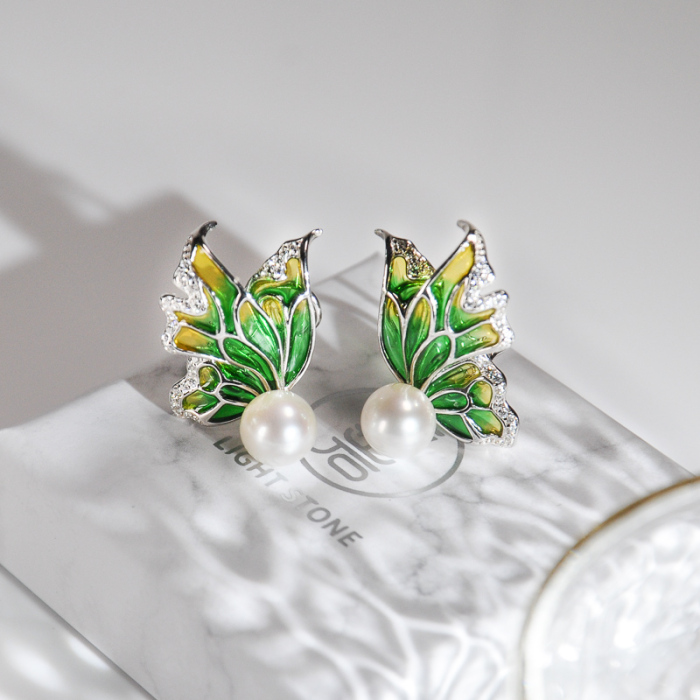 Chinese Artisan  Jewelry- Butterfly - Glass Enamelling Painting Silver Ear Stud| LIGHT STONE