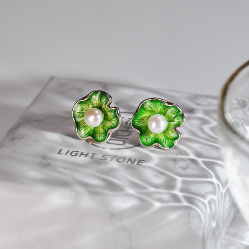 Lotus Leaf - Cloisonne Burning Blue Silver Ear Stud