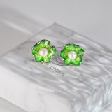 chinese handmade earrings silver green lotus leaf enamel earrings