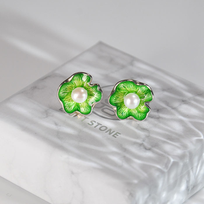 chinese handmade earrings silver green lotus leaf enamel earrings
