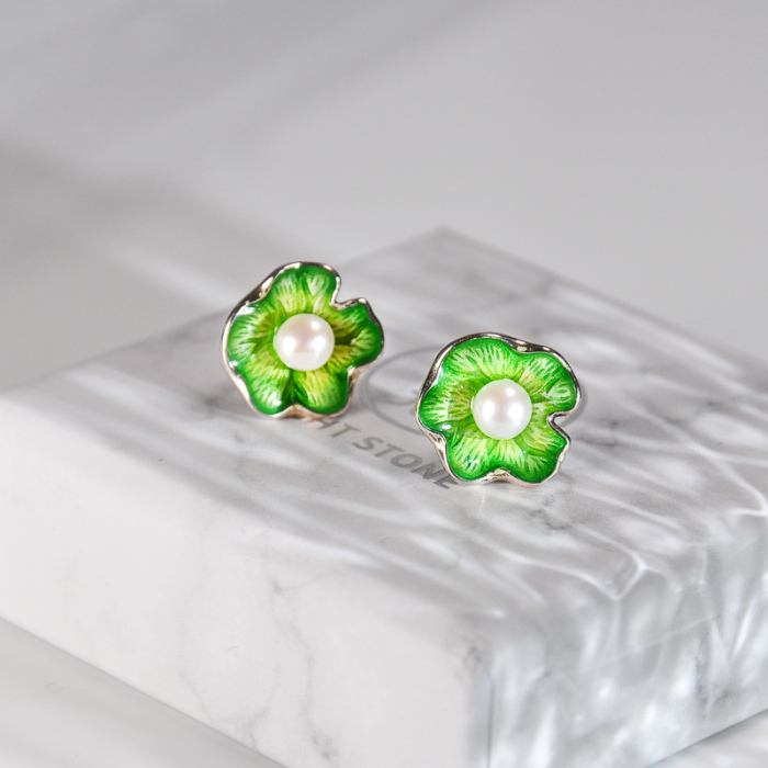 chinese handmade earrings silver green lotus leaf enamel earrings