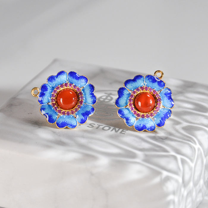 Online Earrings - Flower - Red Agate - Chinese Cloisonné Silver Ear Stud  | LIGHT STONE