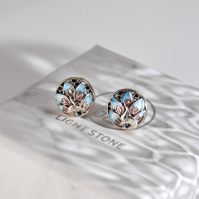 Online Earrings - Peacock -Chinese Cloisonné Silver Ear Stud  | LIGHT STONE