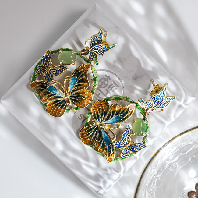 Butterfly - Burning Blue Cloisonne Jade Silver Earrings
